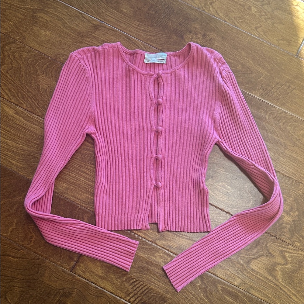 Pink Ribbed Button-Up Cardigan